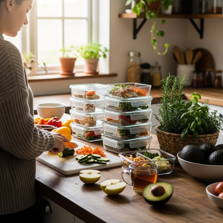 Fresh ingredients arranged on a kitchen counter for weekly meal preparation