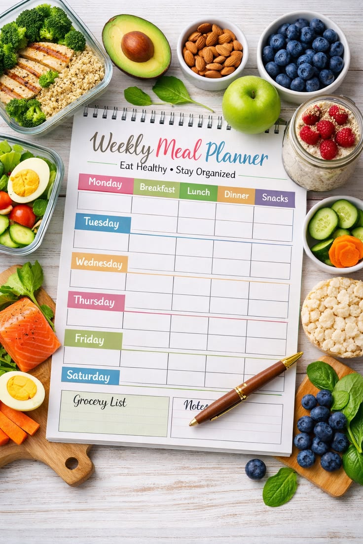 Printed weekly meal plan document with colour-coded daily sections and a grocery list