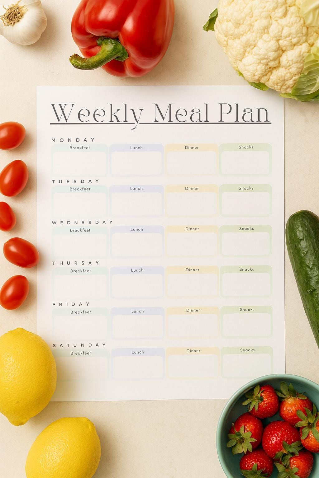 Notebook with handwritten food planning goals beside fresh vegetables and a measuring cup on a wooden table